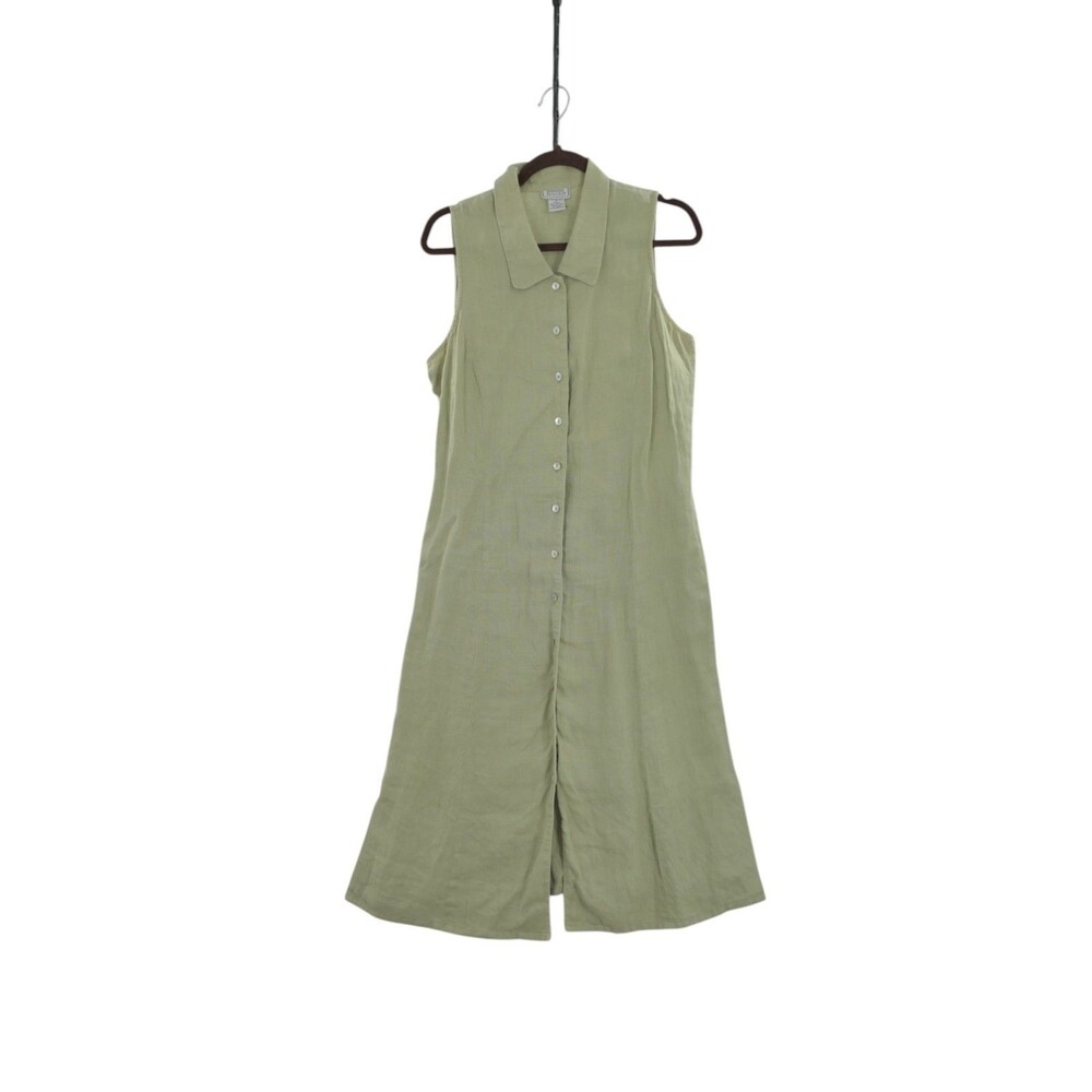 Jennifer Moore Sz 16 Sage Green 100% Linen Sleeveless Collared Maxi Dress Button